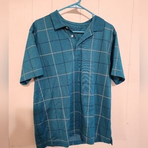Van Heusen Teal Plaid Polo Style Short Sleeve Shirt Medium